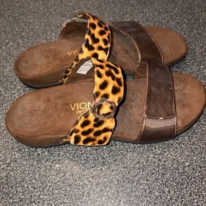 Vionic Leopard Print and Brown Slide Sandals